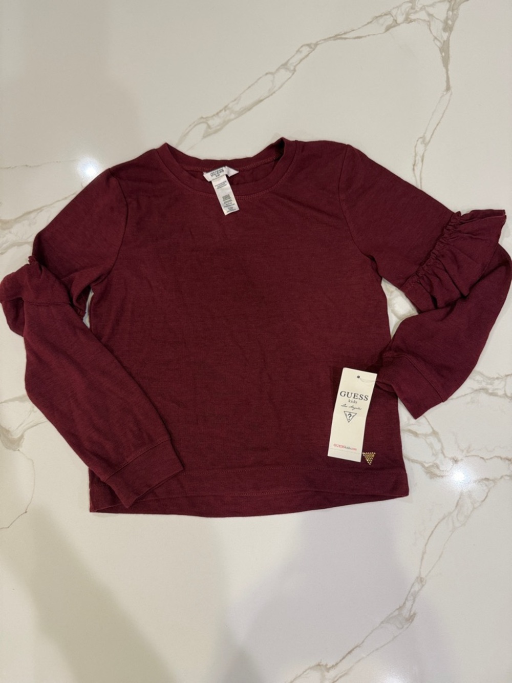 GUESS Burgundy Ruffle Sleeve Crew Neck Top